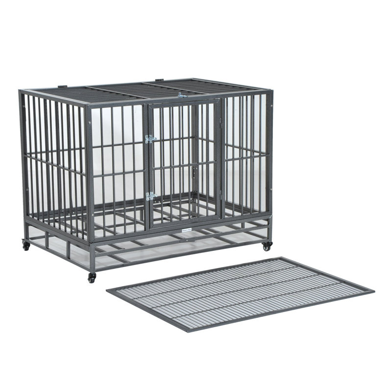 Gray Medium Rolling Steel Dog Crate with Wheels