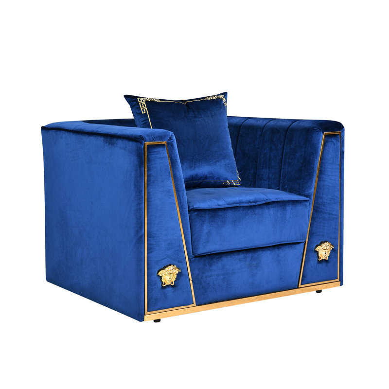 44" Luxury Velvet Chair With Pillow & Golden Metal Decor, Blue