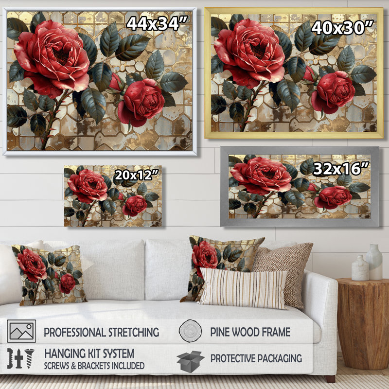 «Red Rose Vintage Silver Gold I - Roses», art mural, Toile avec cadre flottant or, H 12 po x l 20 po x P 1 po