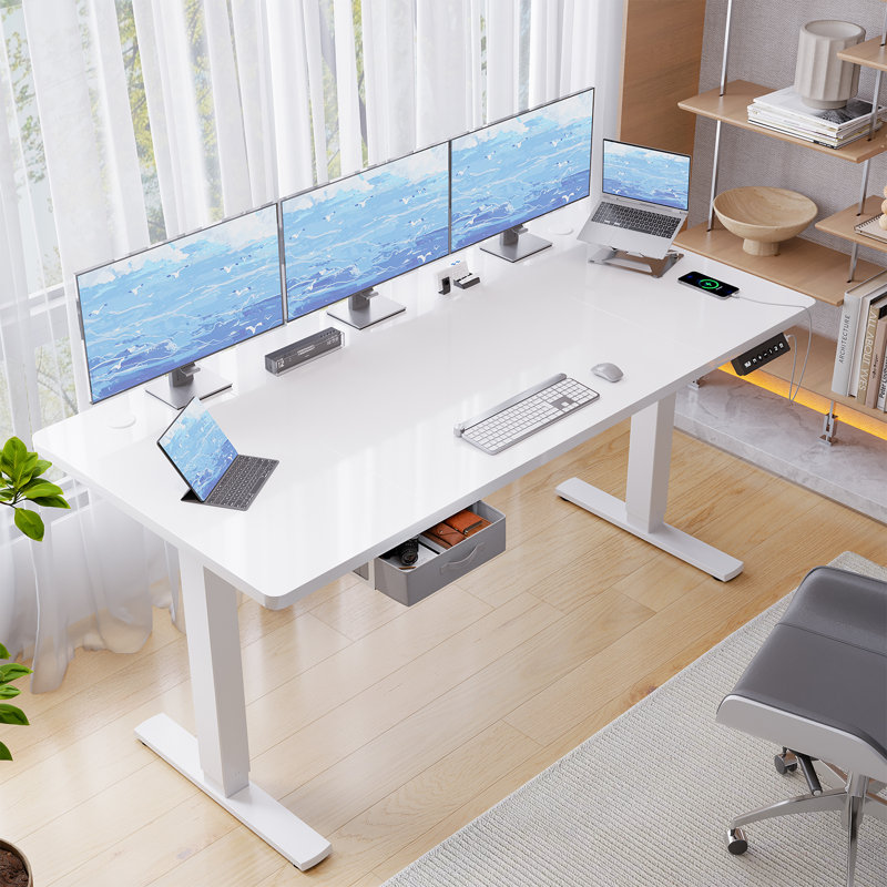 Electric Standing Desk Wide Desktop Height Adjustable Standing Desk With Drawer&Hooks, White, White, 118" H x 180" W x 80" D