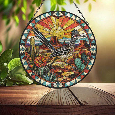 Desert Roadrunner - Cactus géométrique en mosaïque avec vitrail pour fenêtre