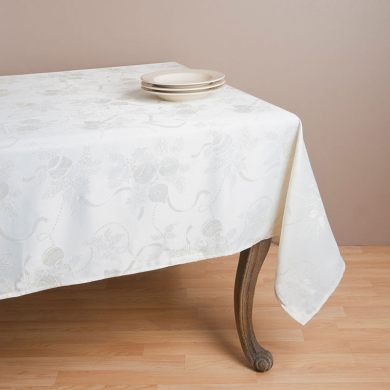 Red Christmas Design Jacquard Holiday Tablecloth 70" W, Square 70", Ivory