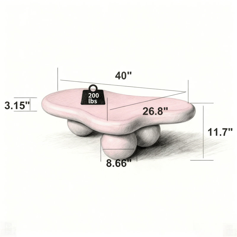 Table basse en forme de nuage, profil bas avec 3 pieds sphériques pour un décor de salon moderne