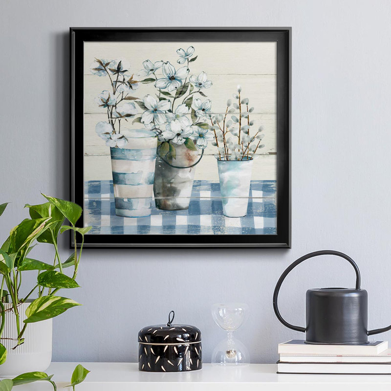 Gingham Blues - Peinture sur toile encadrée, Cadre noir, H 34,5 po x l 34,5 po x P 1,5 po
