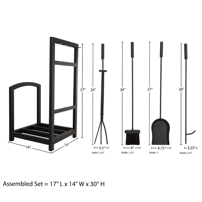 Jivin 5-Piece Fireplace Tool Set and Log Rack - Mission-Style Firewood Holder with Shovel, Broom, Tongs, and Poker for Hearth
