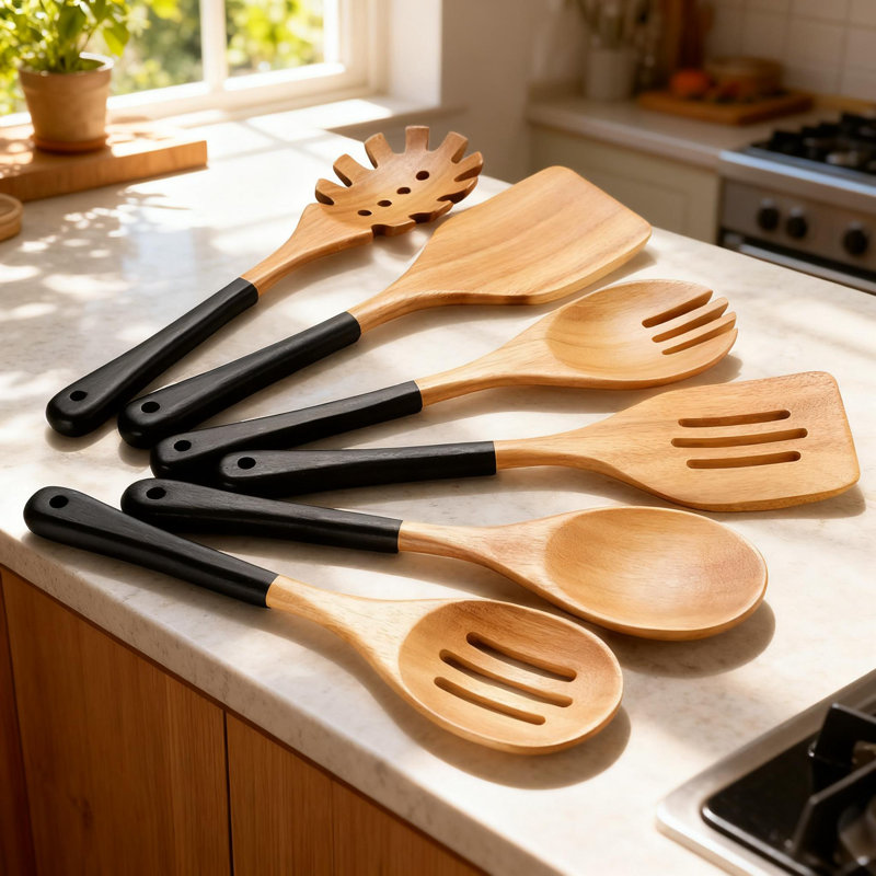 Ensemble d'ustensiles en bois d'acacia naturel 6 pièces pour la cuisine - Outils de cuisine résistants à la chaleur, aux égratignures et aux poignées ergonomiques