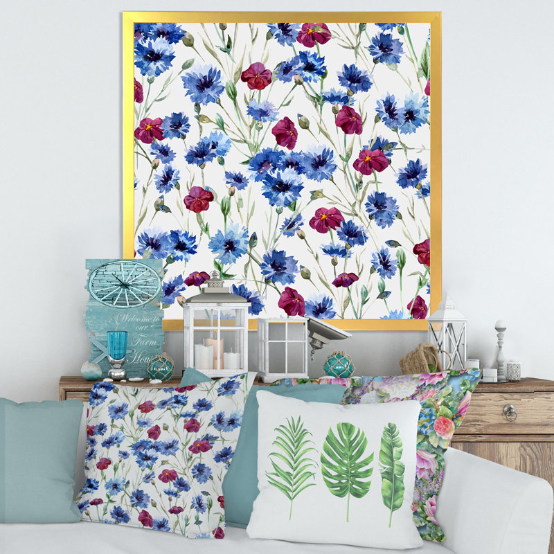 Fleurs bleues et rouges - Peinture sur toile, H 36 po x l 36 po x 1,5 po, Toile encadrée d'or
