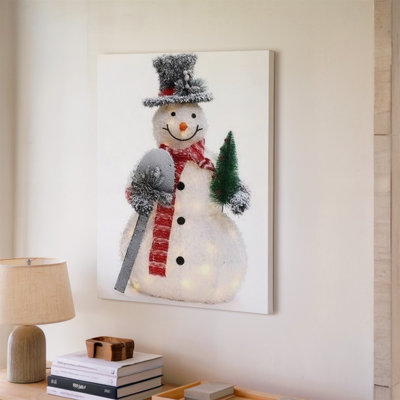 Toile, bonhomme de neige joyeux avec un corps blanc moelleux texturé, art mural dans une pose festive ornée d'un plateau gris classique