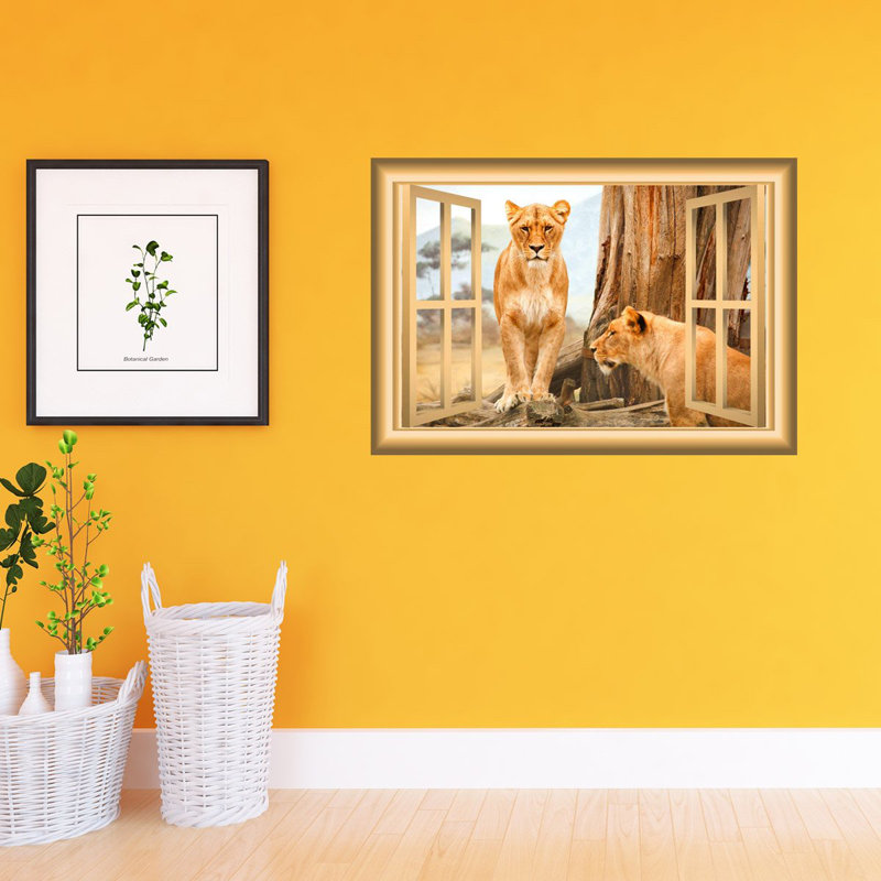 Décalcomanie murale fenêtre animal 3d lioness, H 18 po x l 22 po x P 0,01 po, Or