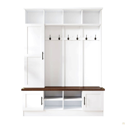 Versatile 3-in-1 Hall Tree with 6 Hooks, Farmhouse Walnut Storage Bench with Adjustable Shelves, 55"W Entryway Coat Rack with Multiple Storage Space