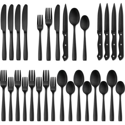 24 Pieces Matte Black Silverware Set With Steak Knives For 4, Stainless Steel Flatware Utensils Set, Hand Wash Recommended
