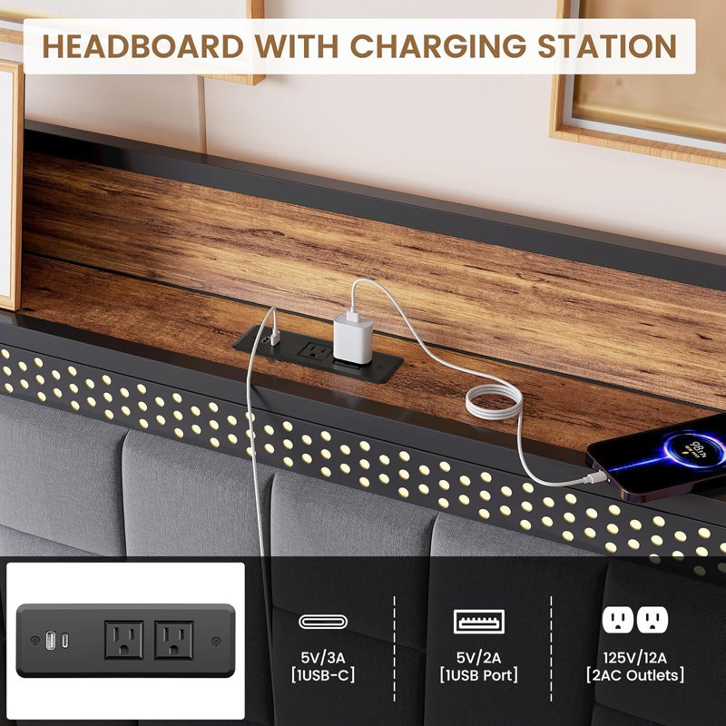 Bed Frame With LED Light And Charging Station, With Storage Headboard, Queen, Grey