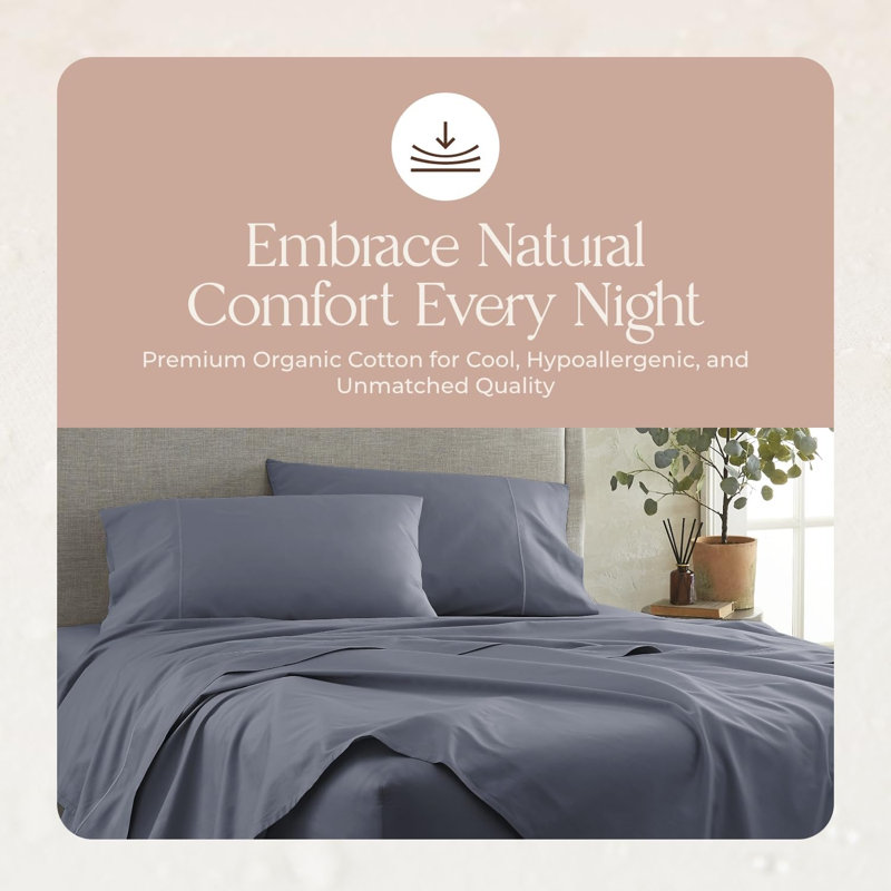 Whisper Organic Certified Organic Queen Flat Sheet Only - 100% Organic Cotton Sheets With Luxurious Soft And Breathable 300 Thread Count Sateen Weave Finish - Gots & Fairtrade Certified (Queen, Mineral)