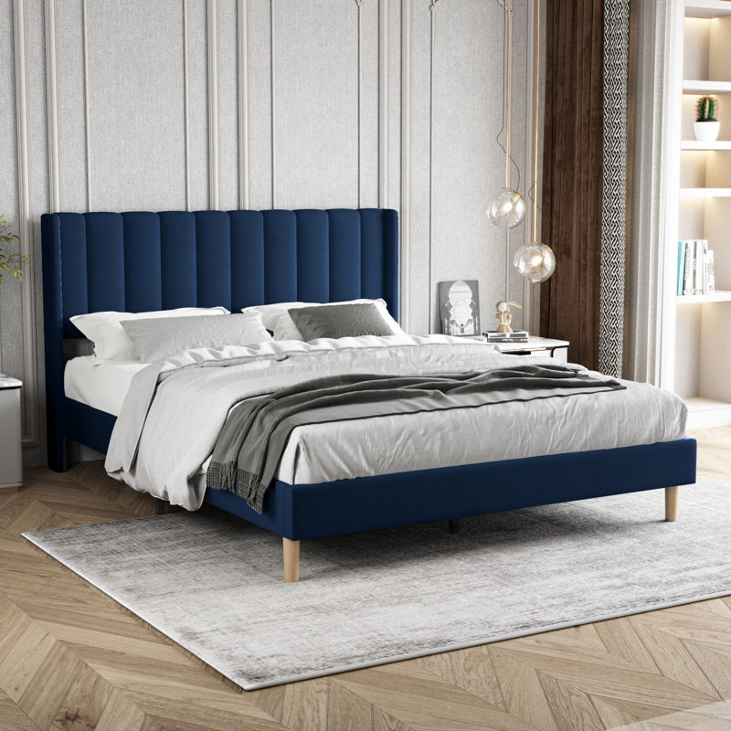 Lit plateforme tapissier, Grand, Bleu