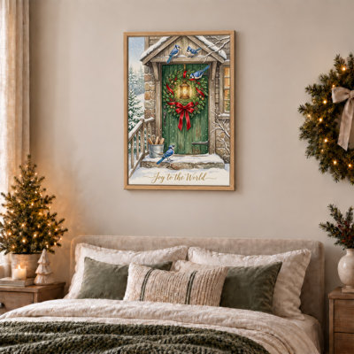 «Blue Jays on Green Snowy Cabin Door Christmas», art mural sur toile