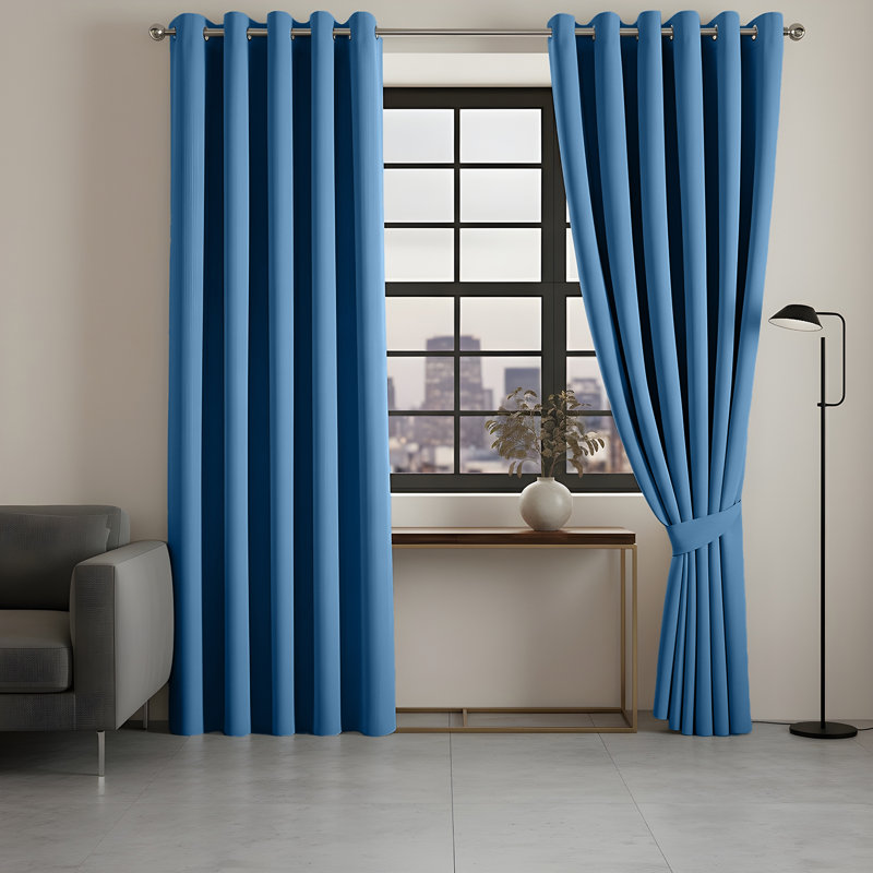 100% Linen Blackout Curtains with Eyelets – Ready Made, Blue, 168 cm W x 183 cm L