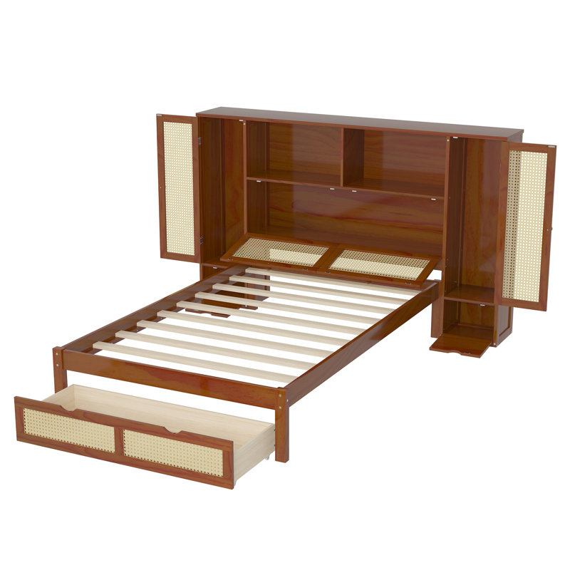 Lit simple en bois avec deux casiers de rangement, un tiroir et une tablette de rangement sur la tête de lit, lit plateforme multifonctionnel en rotin naturel