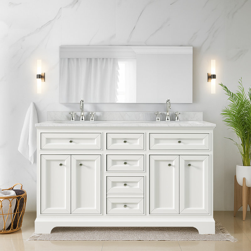 Meuble-lavabo double 55 po Maxbano avec plateau en pierre reconstituée, Blanc