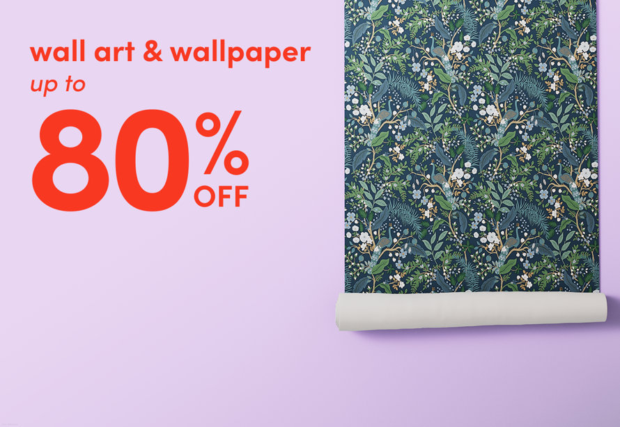 Wall art and wallpaper up to 80% off against a light purple background with a roll of floral patterned wallpaper.