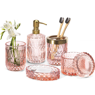 Ensemble d'accessoires de salle de bain en verre transparent 6 pièces (distributeur de savon à lotion, porte-savon, porte-brosse à dents, gobelet, pot de coton-tige), cadeau rétro contemporain en cristal (6 pièces rose clair)