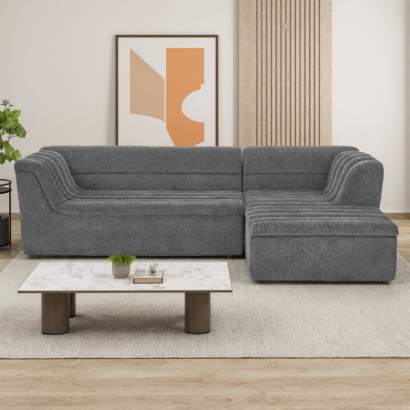 Modular L-Shaped Chenille Sofa & Chaise, 3-Seat Sectional with Square Arms, No Assembly, DARK GREY