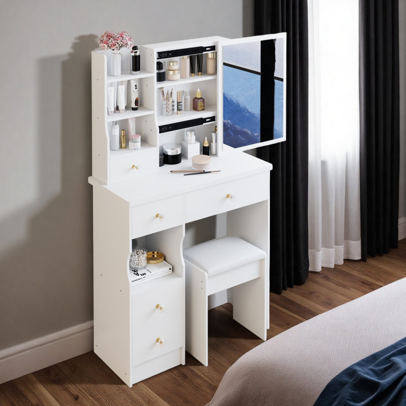 Coiffeuse moyenne avec miroir coulissant et tiroir, Blanc