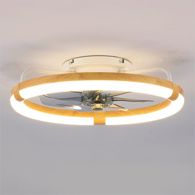 Low Profile Caged Ceiling Fan with Remote Operation and LED Illumination, Clean White and Natural Wood Blades for Bedroom, Living Room, Kitchen