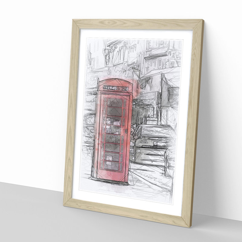 A Red Telephone Box 1 Piece Single Picture Frame Painting on MDF, 63cm H x 45cm W x 2cm D, Oak Framed