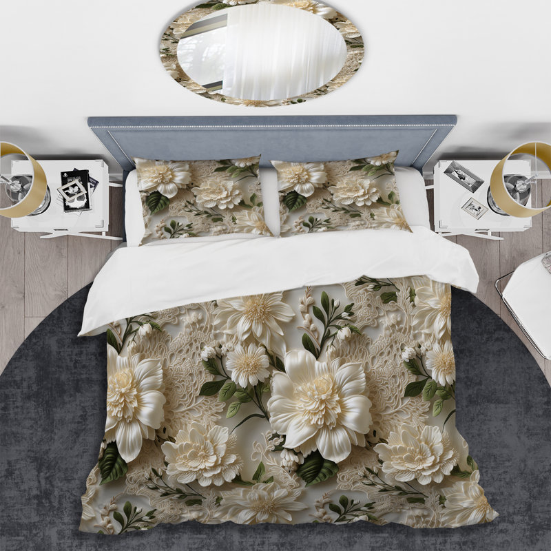 Literie rétro avec fleurs blanches et dentelle, Housse de couette pour très grand lit et 2 très