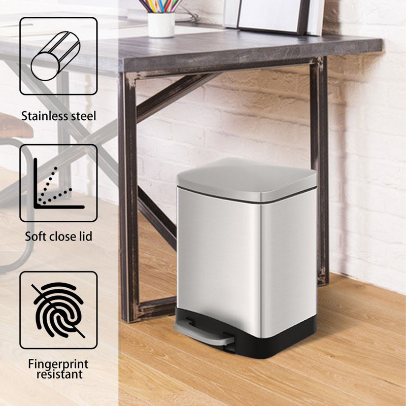 1.6 Gallon Brushed Stainless Steel Rectangular Step-On Trash Can