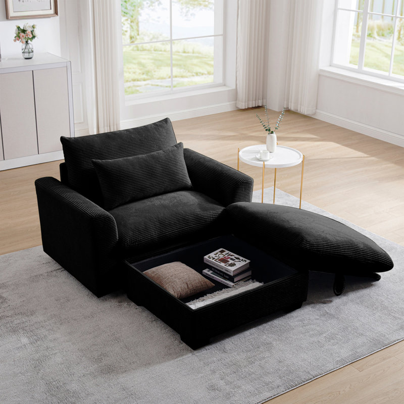 Canapé noir en velours côtelé, canapé modulaire avec repose-pieds de rangement, canapé à assise profonde pour salon / appartement / bureau moderne