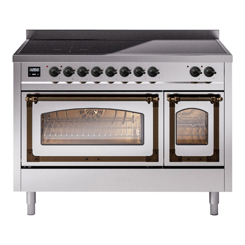 ILVE Nostalgie II Noblesse 48 in Induction Range, 6 Induction Elements (Glass Door), Stainless Steel/Burnished