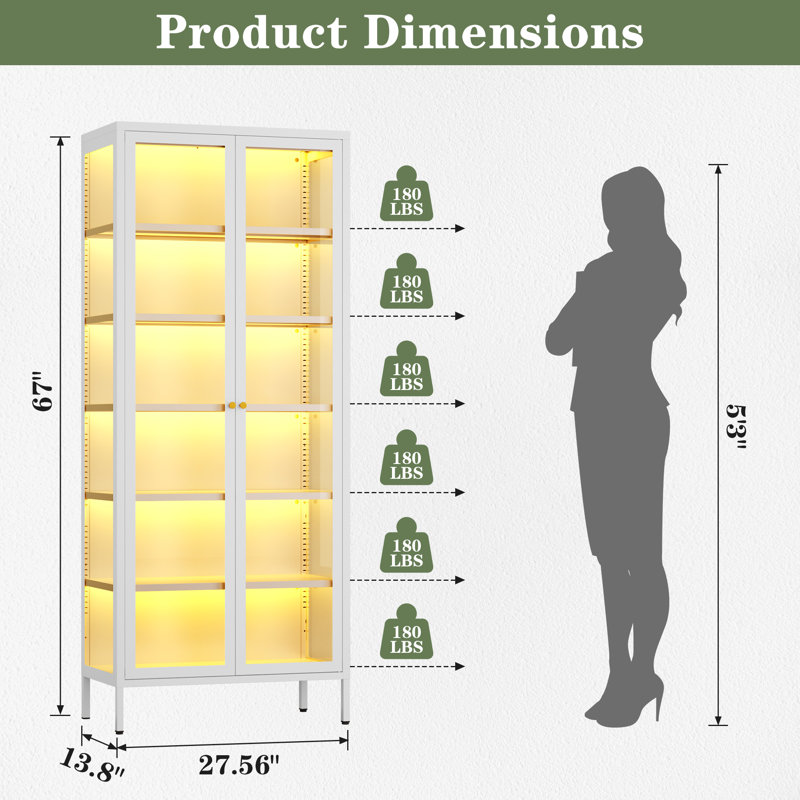 3-Sided Glass Dining Cabinet With Lights, Metal Display Stand, White