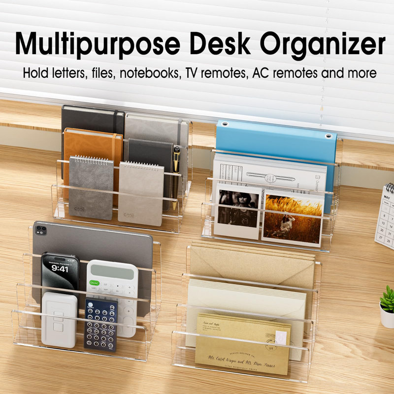 Transparent Desktop Organizer With Dividers, 3 Partition File Organizer File Sorter, Clear