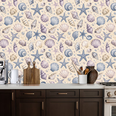 Papier peint auto-adhésif coquillage étoile de mer style bord de mer bleu blanc style océan inspiré de la mer, papier peint amovible pour décoration murale pour armoires de cuisine de chambre à coucher 17,7 po x 118 po