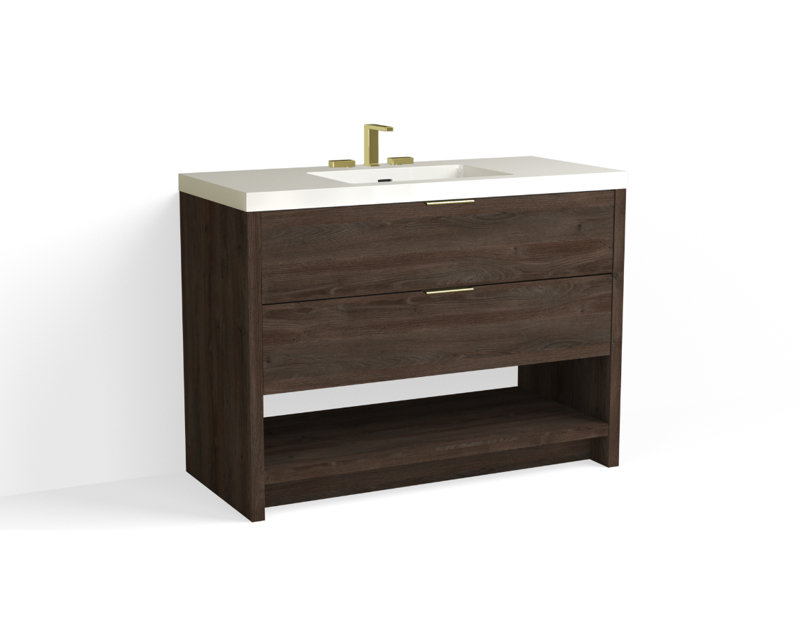 Vue 48" W Freestanding Single Bathroom Vanity, White Nanomatte, Glossy White/8" Widespread, Satin Brass