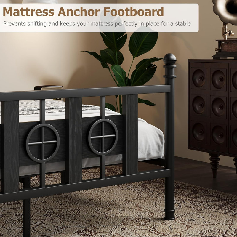 Oriental Vintage Style Metal Platform Bed, Twin Size/Black