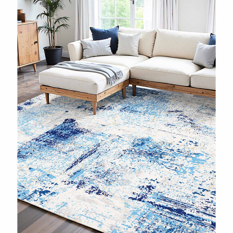 Tapis de sol antidérapant bleu 5 x 7 pi, lavable avec tissage serré, pour le salon et la décoration intérieure