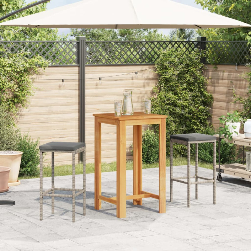 Ensemble de bar de patio 3 pièces Wildon Home® en bois massif d'acacia et de rotin de polyester, Gris, Gris