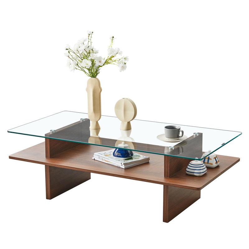 Table basse à deux niveaux avec plateau en verre trempé et tablette en bois de noyer, centre de table de salon moderne, Noyer