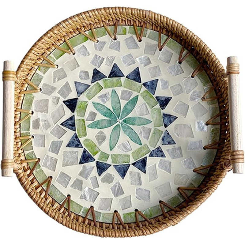 Round Rattan Tray 9.5" Decorative Serving Tray Coffee Table Tray, Wicker Basket Tray With Mother Of Pearl For Place Dessert Fruit Small Items, Organizer Tray For Dresser (Blue White)