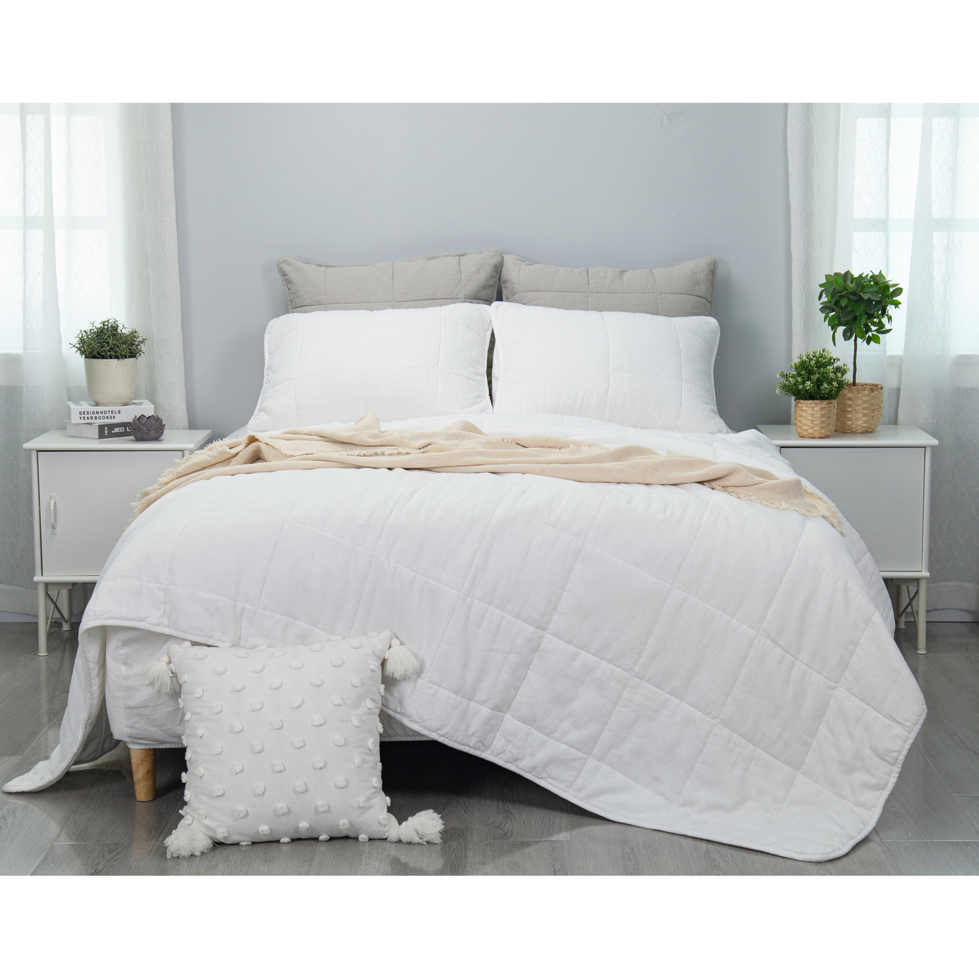 Stone Washed Linen Blend Box Stitch Quilt and Pillow Shams Set, Off White, Queen Quilt + 2 Shams