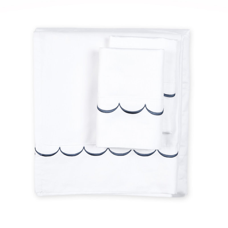 Ensemble de draps 100% coton 600 fils Camillo Scallop, Ensemble de draps pour lit double + un drap-housse, Bleu marine
