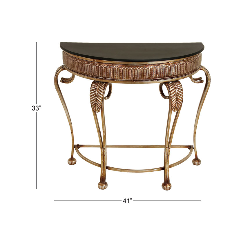 Gold Metal Demilune Console Table with Ornate Scroll Legs