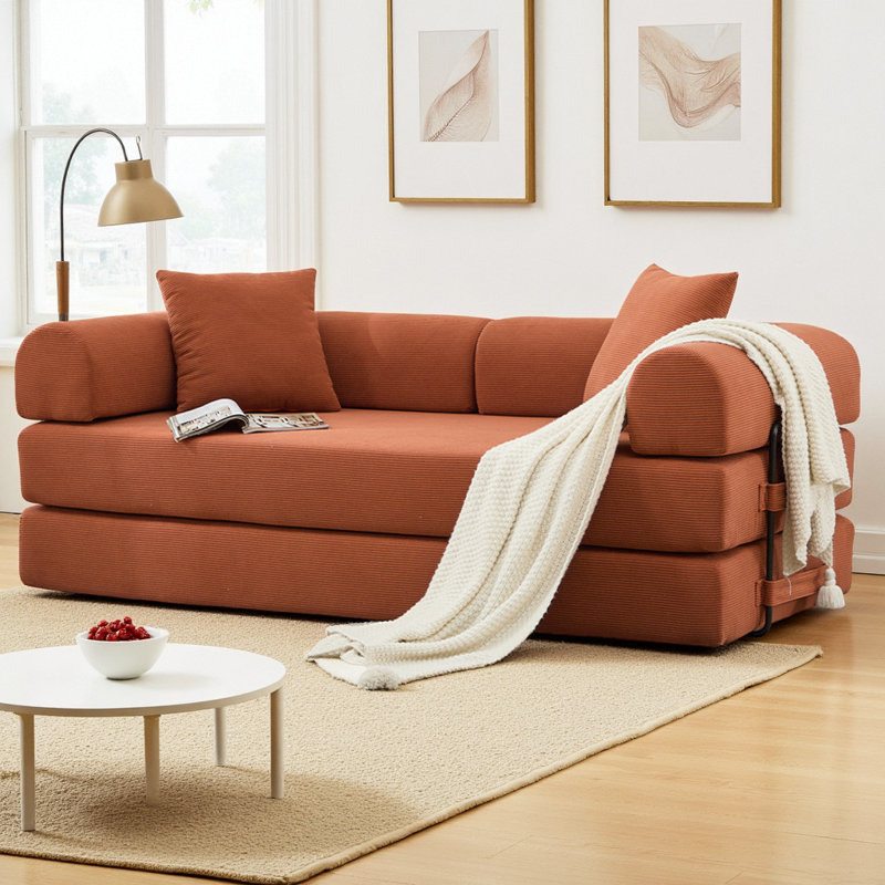 Canapé-lit pliant en velours côtelé 78,5 po 78,5 po avec 2 coussins et matelas à ressorts en mousse pour le salon, aucun assemblage requis