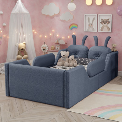 Twin Size Upholstered Platform Bed With Rabbit Cushion, Kids Floor Upholstered Bed With Removable Side Rails, Gray