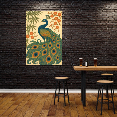 «Elegant Peacock Plum Blossoms Elegant Vibrant Contemporary Bamboo Bird Cherry Flower Nature», art mural