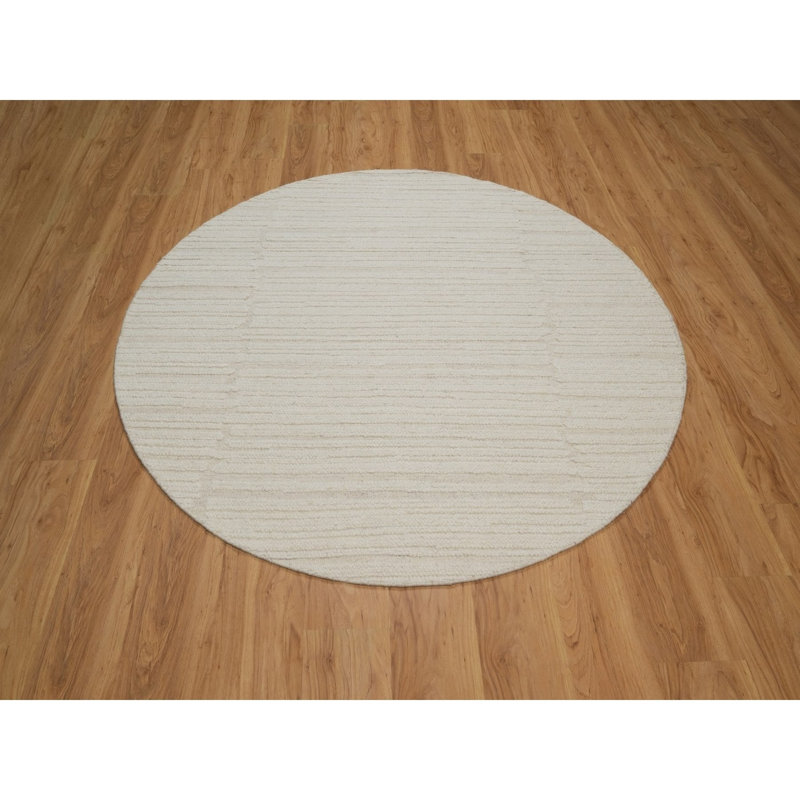 Tapis oriental rond 6 pi x 6 pi blanc, noué à la main, moderne, tissé à plat, ton sur ton, texturé, laine naturelle non teinte