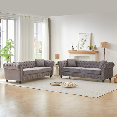 3 Seats + 3 Seats Combo Sofa Modern Living Room Sofa With Solid Wood Frame And Wooden Feet, 4 Cushions, Apartment Sofa Furniture