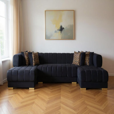Canapé modulaire et méridienne en U trois pièces avec coussins décoratifs en velours noir